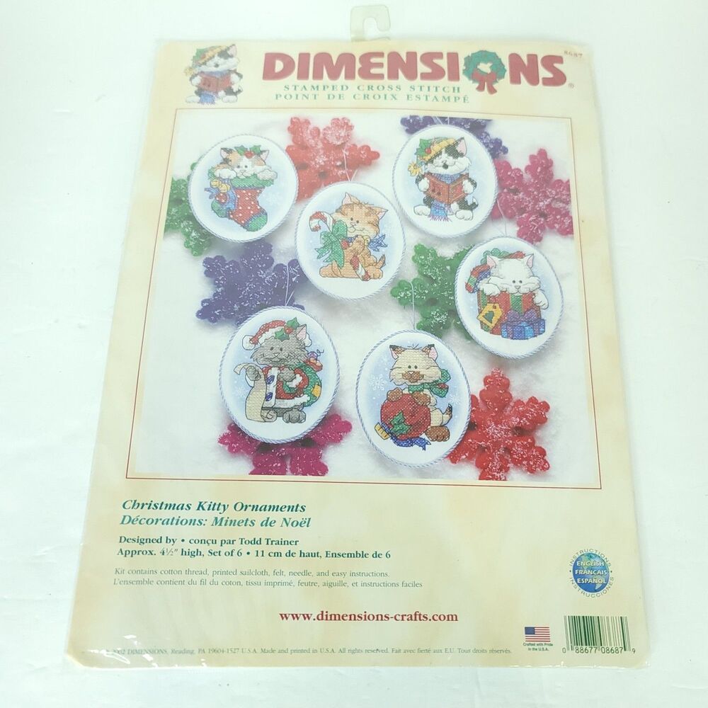 2002 Dimensions Christmas Kitty Cat Ornaments Stamped Cross Stitch Kit 8687 NEW